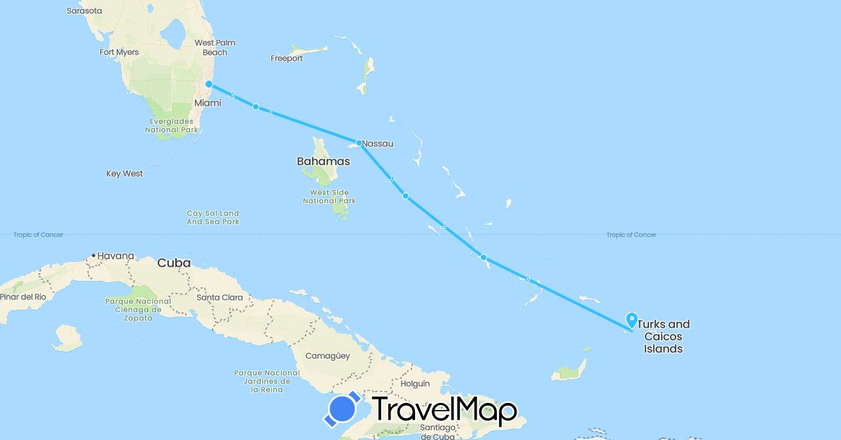 TravelMap itinerary: driving, boat in Bahamas, Turks and Caicos Islands, United States (North America)